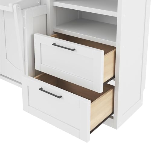 MERITLINE Full Murphy Bed with Desk and Storage 2 Closet,Drawers&Shelves, Wood Folding Murphy Wall Bed Cabinet for Adults (Full,White with Drawers)
