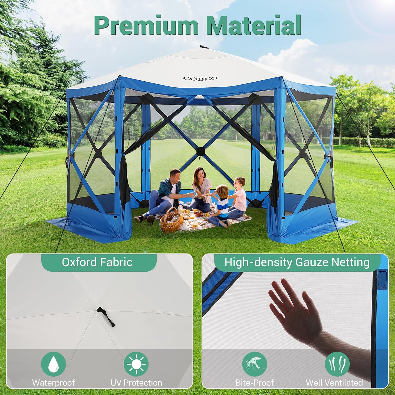 COBIZI 12x12ft Pop up Gazebo Screen House Tent with Mosquito Netting, 6 Sided Pop-up Canopy Shelter Tent Easy-Set portable gazebo with Carry Bag for Outdoor Camping, Lawn and Backyard, Blue