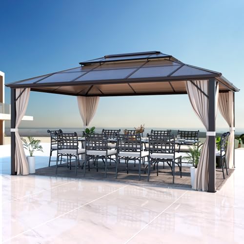 EROMMY 10' x 12' Hardtop Gazebo, Aluminum Frame Gazebos with Galvanized Steel Double Roof, Permanent Outdoor Metal Pavilion with Curtain and Netting for Patio, Lawn, Deck