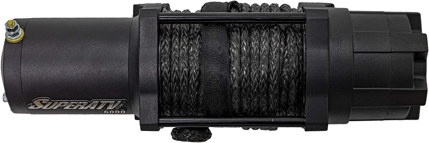 SuperATV Black Ops 6000 LB Winch Kit For UTV/ATV | Includes 50' Synthetic Rope | Permanent Magnet DC 12V, 1.9 HP Motor And More