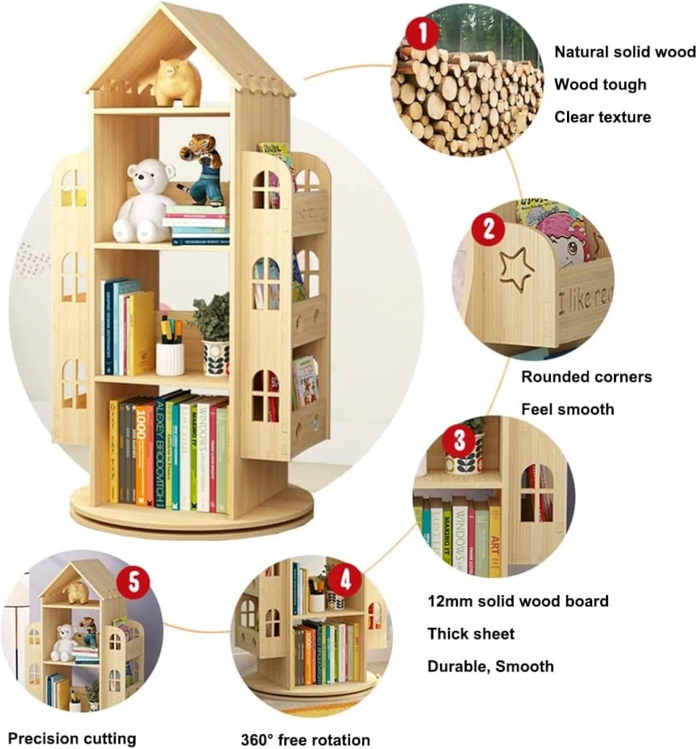 4-Tier Rotating House-Shaped Bookshelf, 360° Solid Wood Rotating Stackable Shelves Bookshelf Organizer for Home Bedroom Office_Intexca
