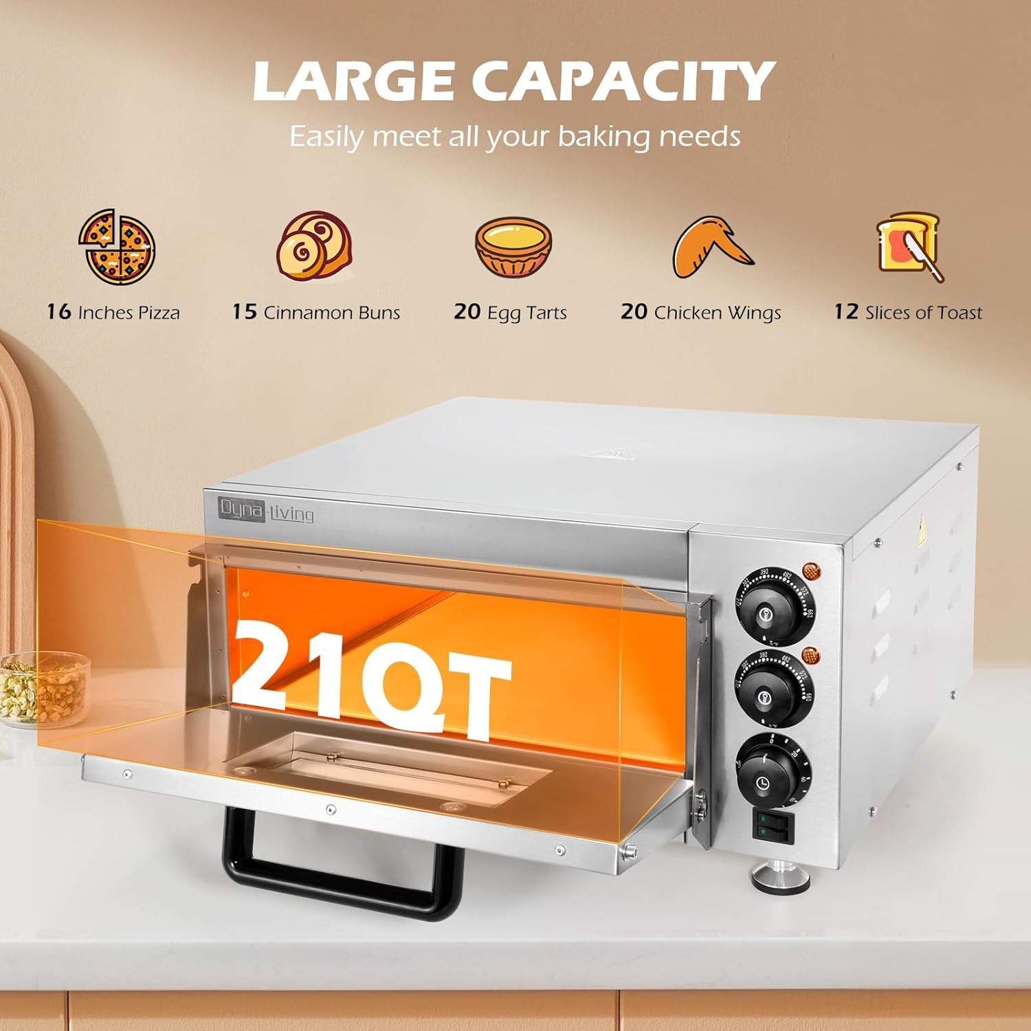 Dyna-Living Electric Pizza Oven Countertop Commercial Pizza Oven Indoor Pizza Oven 1900W Stainless Steel Commercial Pizza Maker with 12 Inch Pizza Pan and Pizza Stone for Restaurant Home Food Truck