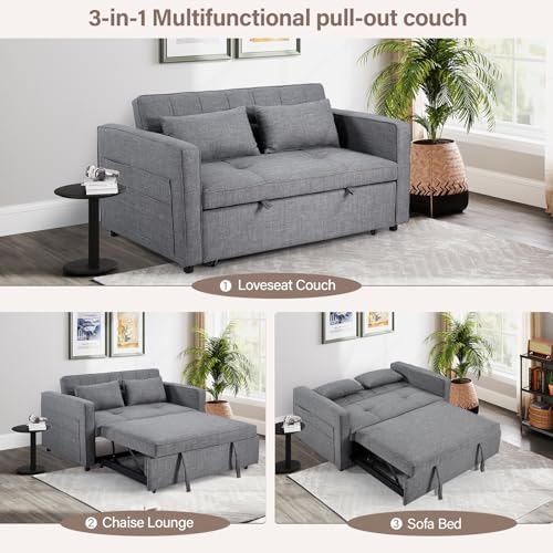 3-in-1 Convertible Sleeper Sofa Bed, Futon Couches with Pullout Bed, 2-Seater Loveseat Sofa with Storage Pockets, Adjustable Backrest and Toss Pillows for Living Room Apartment, Grey