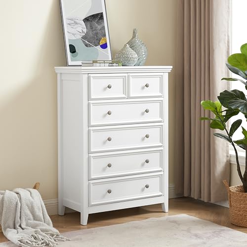 6 Drawer Dresser Chest with Slide Rails and Modern Metal Handles – Farmhouse & Modern Design, Wood Grain Tabletop, Anti-tipping Device, Multipurpose Storage Solution,White