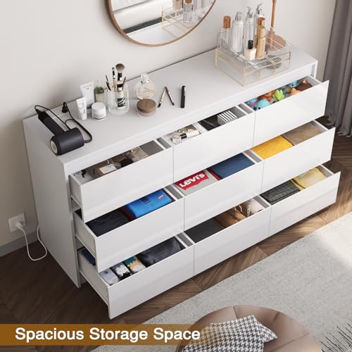 10 Drawer Dresser, White Dresser for Bedroom, High Gloss Modern Dresser & Chest of Drawers, 55" Long Dresser TV Stand, Large Double Dresser for Bedroom