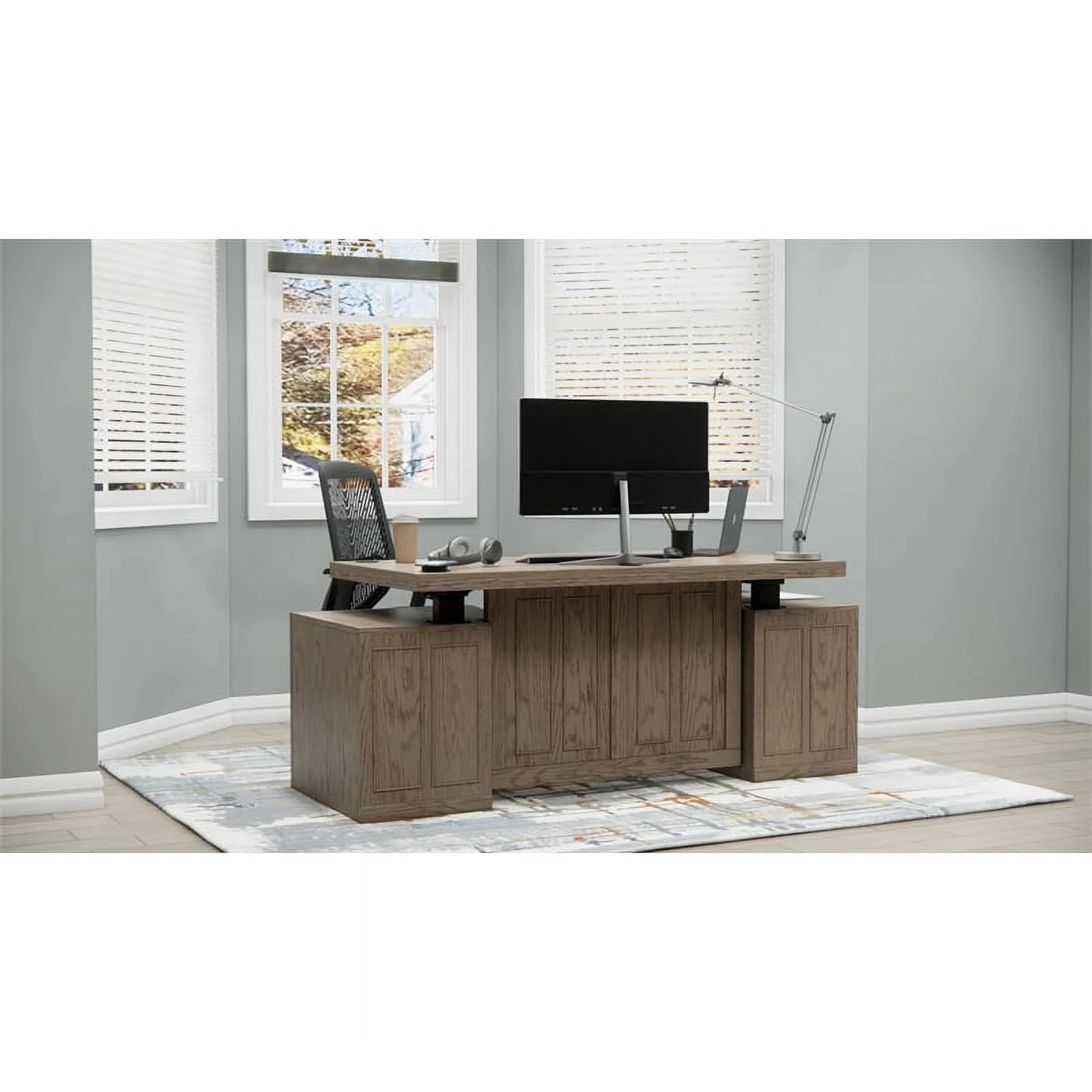 RoomAndLoft Wood Adjustable Height Sit-Stand Storage Desk with Drawers in Gray
