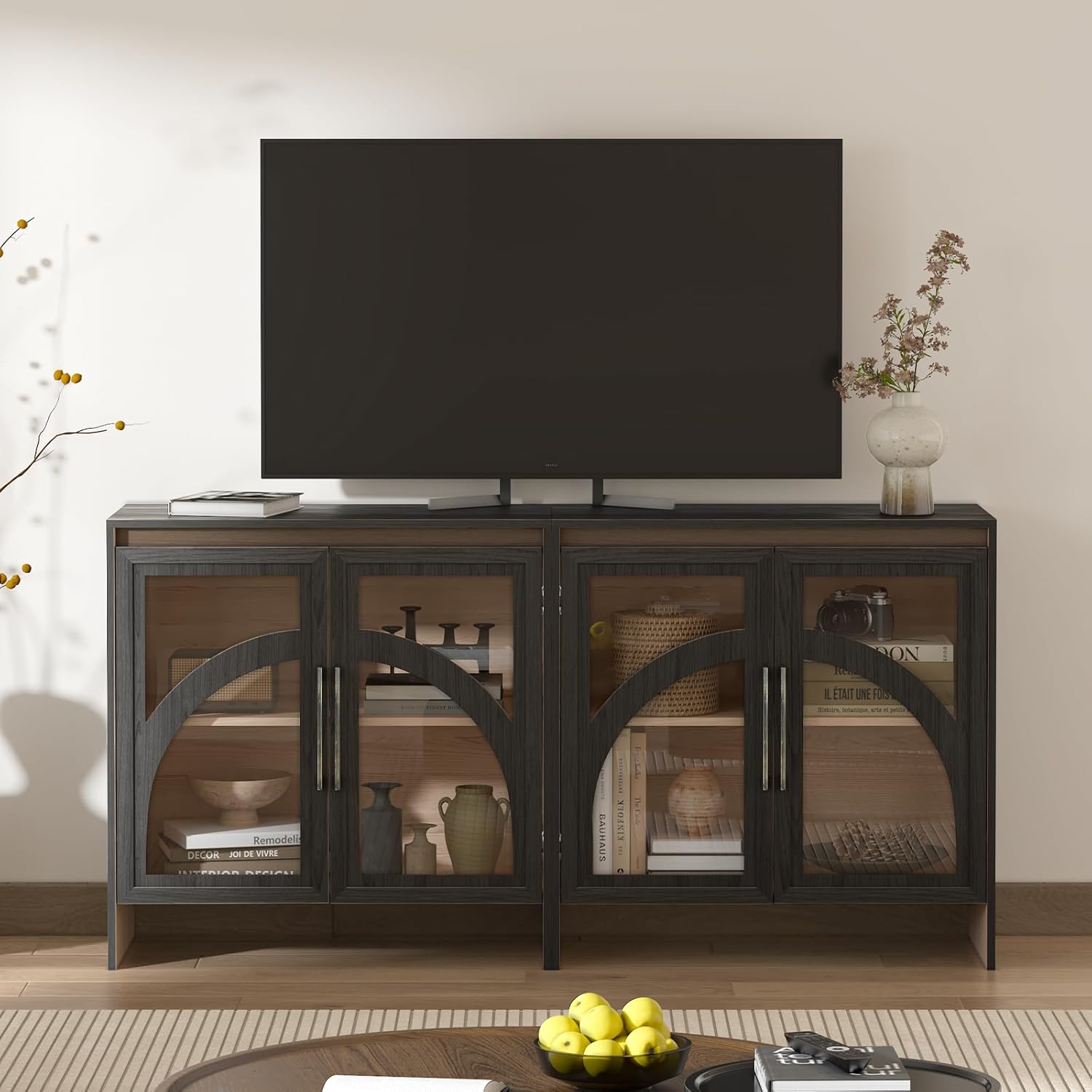 Modern Accent Cabinet,Sideboard Buffet Cabinet with Storage,Arched Cabinet with Glass Door,Credenza Storage Cabinet with Adjustable Shelf for Living Room,Entryway,Dinning Room,Black