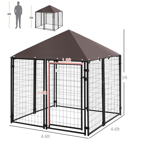 PawHut 4.6' x 4.6' x 5' Dog Kennel Outside, Welded Wire Outdoor Dog Kennel Run with Waterproof & UV Resistant Cover, for S&M Breeds, Chickens, Ducks, Black