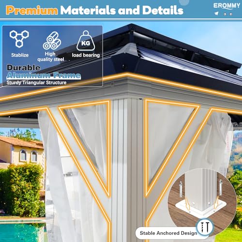 EROMMY 14'x20' Hardtop Gazebo Double Roof Galvanized Steel Canopy Outdoor Aluminum Frame Permanent Metal Pavilion with Netting and Curtains for Patio Backyard Deck and Lawns