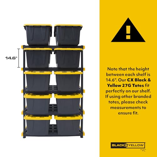 CX Black & Yellow®, 5-Tier Heavy Duty Plastic Storage Shelving Unit, 200lbs/shelf (72”H x 48”W x 20”D), for Indoor/Outdoor Organization, Modular Rack
