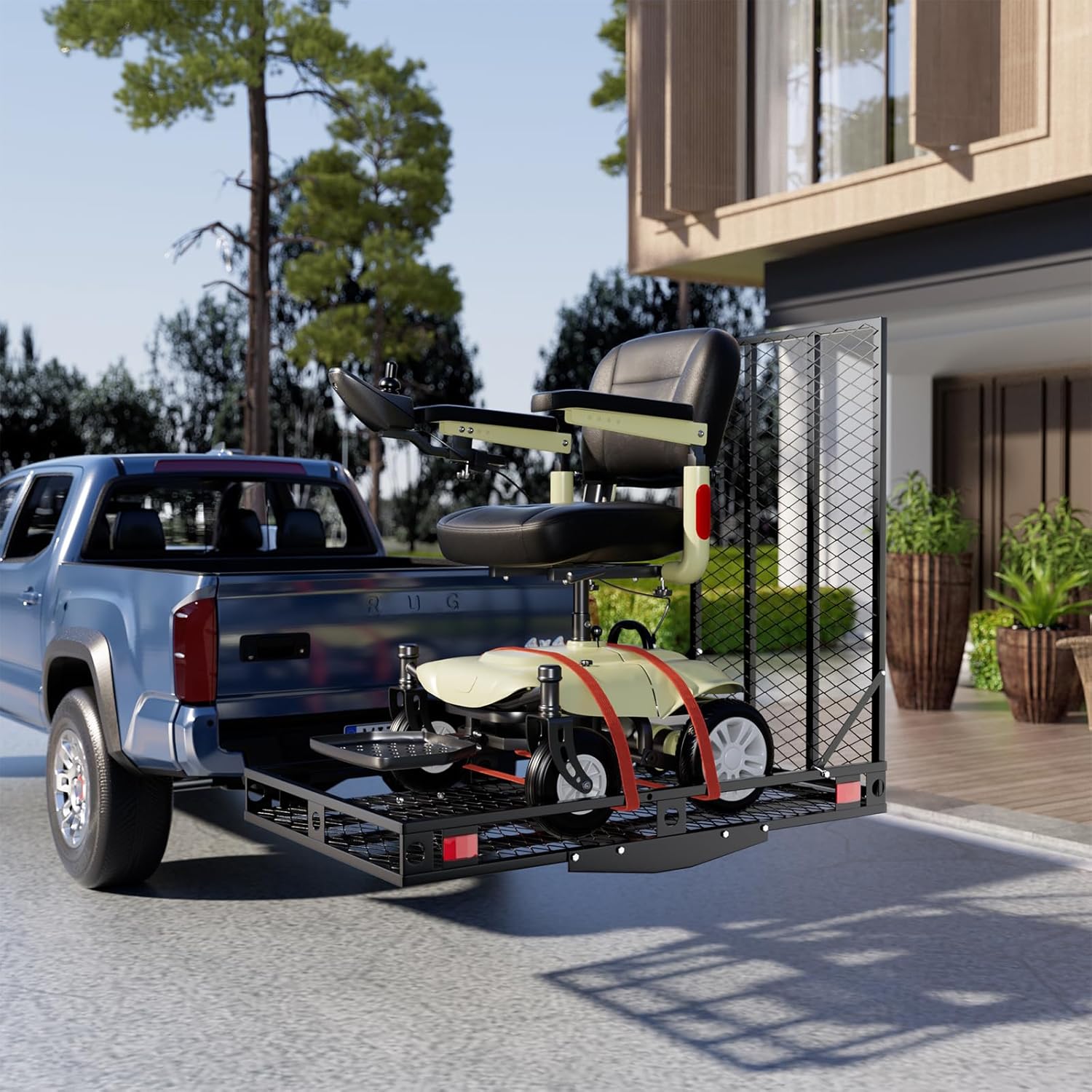 Mobility Scooter Carrier, 500 LBS Capacity Wheelchair Carrier Hitch Mount with Foldable Ramp, Stabilizer & Straps, Heavy-Duty Hitch Carrier for Mobility Scooter, Lawn Mower & Snow Blower