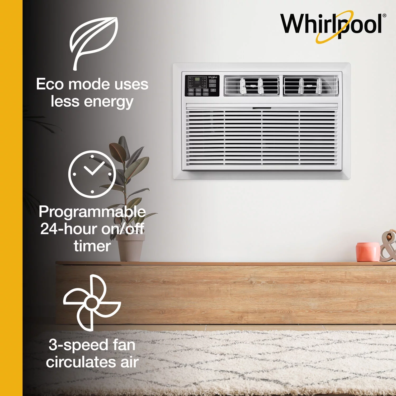 Whirlpool 12,000 BTU 230-Volt Through-the-Wall Air Conditioner, Dehumidifier | AC for Rooms up to 550 Sq.Ft | Remote Control | Digital Display | 24H Timer | WHAT122-2AW