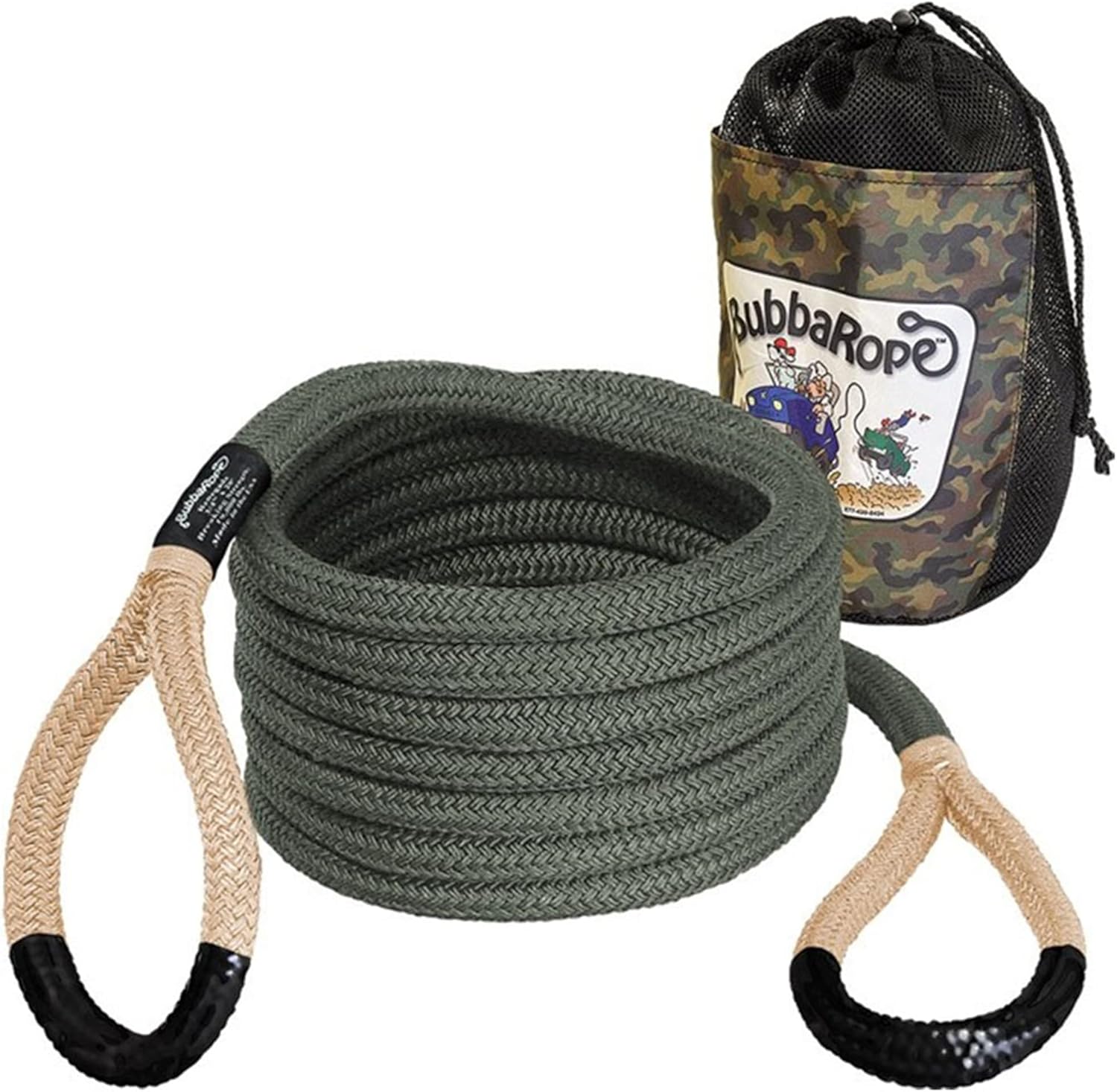 Bubba Rope RENEGADE 176655BKG Off-Road Power Stretch Kinetic Kit 3/4" x 20' ft. Recovery Rope With Breaking Strength of 19000 Lb. In Tan / Green, Ideal for Recovery and Towing Stuck Vehicles