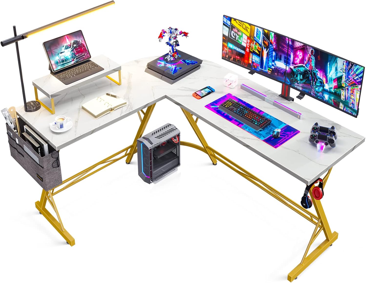 L Shaped Gaming Desk, 58" Home Office Desk with Round Corner, Computer Desk with Large Monitor Stand Desk Workstation