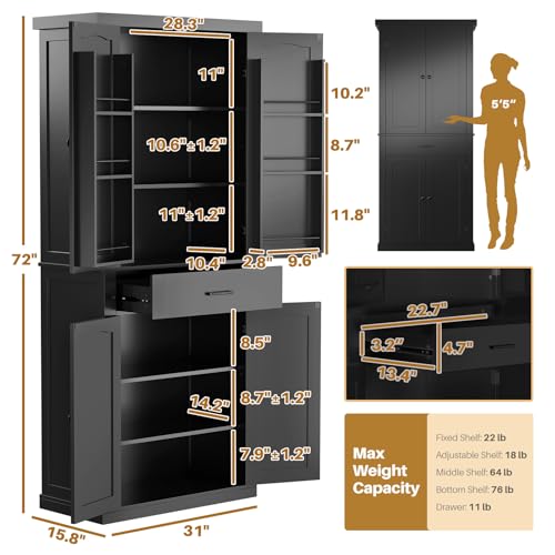 HollyHOME 72" Kitchen Pantry Cabinet, Storage Cabinet with 4 Doors and 1 Drawer, Freestanding Cupboard with Adjustable Shelves and 6 Door Shelves for Kitchen, Dining Room, Living Room, White