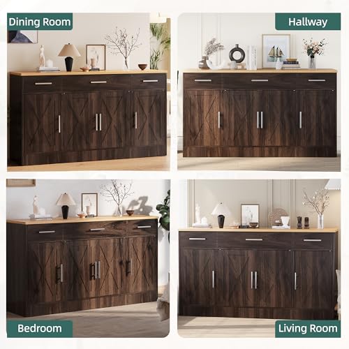 Shintenchi Buffet Cabinet with Storage,53.4" Large Kitchen Storage Cabinet with 3 Drawers and 4 Doors,Wood Farmhouse Buffet Cabinet with Adjustable Shelf for Kitchen Living Room,Brown