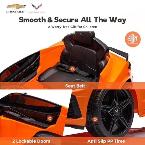 Licensed Chevrolet Corvette C8 12V Kids Electric Car Ride on Car with Remote Control Battery Powered Sports Car, 3 Speeds, Bluetooth, Shiny Dashboard, MP3 & LED Head Lights