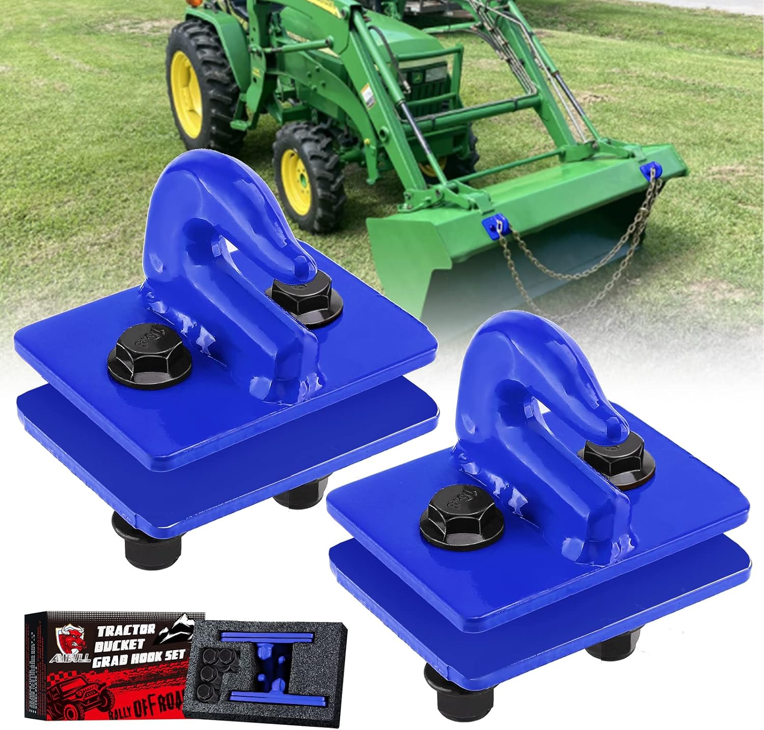 AMBULL 2 Pack 3/8" Tractor Bucket Grab Hook Grade 70 Forged Steel Bolt On Grab Hook Tow Hook Mount with Backer Plate,Work Well for Tractor Bucket, RV, UTV,Truck, Max 15,000 lbs, Dark Green Pack of 2