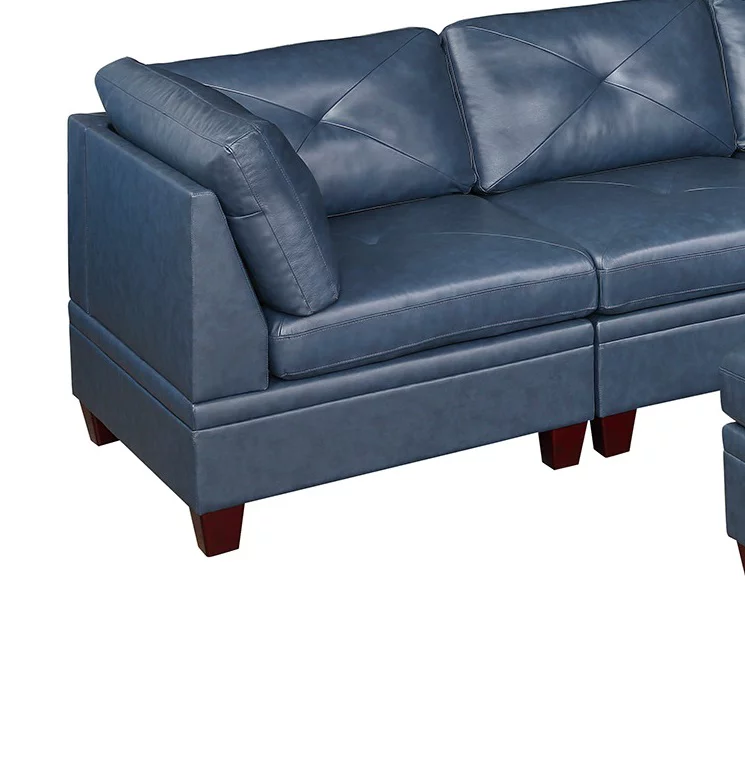 Ink Blue Top Grain Leather 7pc Tufted Sectional Sofa Contemporary Living Room Furniture Wedge Ottoman Armless Chair Couch
