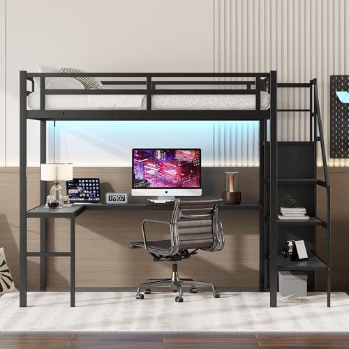 Wood Full Size Gaming Loft Bed with Desk, Multi-storage Shelves, LED and Charging Station，Suit High Loft Bed Frame with Bookshelf for Kids Teens Adults (Black, Full)
