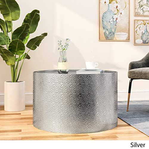 Christopher Knight Home Rache Modern Round Coffee Table with Hammered Iron, Silver, 26. 00” L x 26. 00” W x 17. 00” H & Rache Modern Round Accent Table with Hammered Iron, Silver