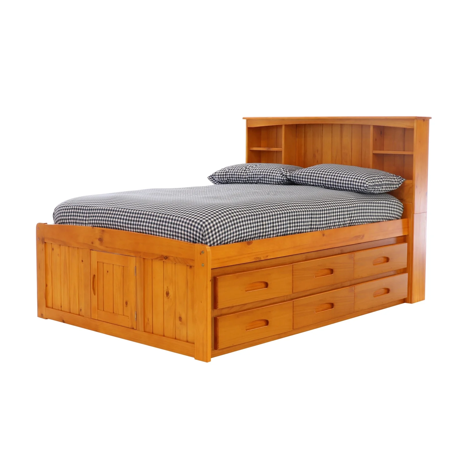 American Furniture Classics OS Home and Office Furniture Model 82121K12-22 Solid Pine Full Captains Bookcase Bed with 12 drawers in Warm Honey