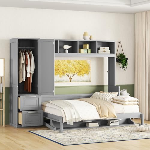 Linique Full Size Murphy Cabinet Storage Wall Bed with Closet and Drawers and Built-in Top Shelf,Hide a Bed on a Wardrobe Space Saving Design,Gray