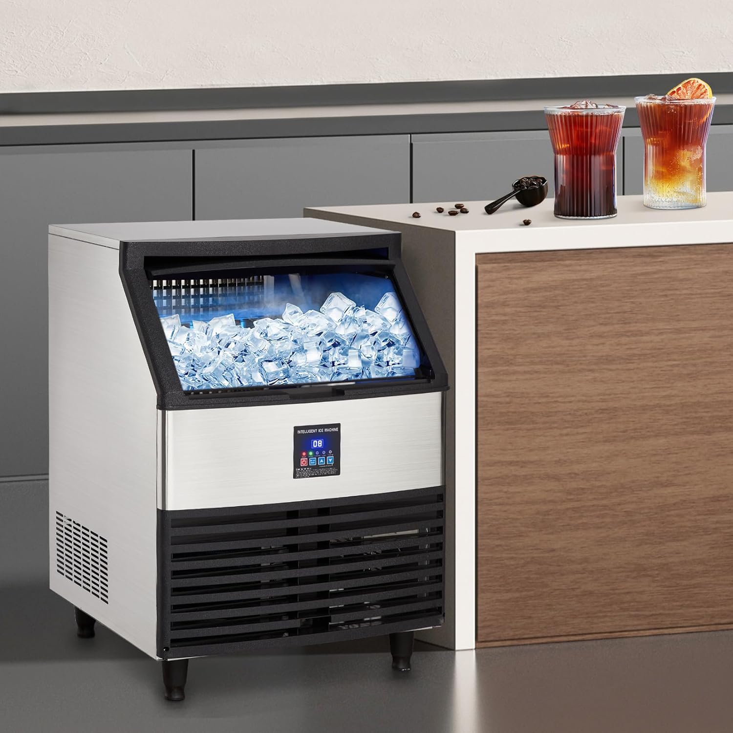 Upgraded Commercial Ice Maker Machine, 300Lbs/24h with 100lbs Storage Bin/Ice Scoop/Blue Light, Freestanding Ice Machine for Home, Restaurants, Bars, 500W