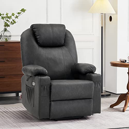 MCombo Power Lift Recliner Chair for Elderly, Lift Chair with Heat and Massage, FSC Certified, USB Ports, Cup Holders, Faux Leather 7040 (Black, Medium)