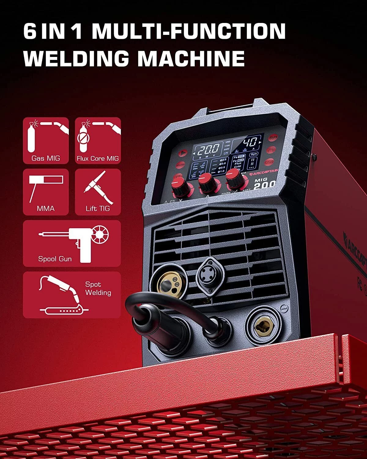 BMTBUY Aluminum MIG Welder, 200Amp 110V/200V Gas MIG/Gasless Flux Core MIG/Stick/Lift TIG/Spot welding/Spool Gun 6 in 1 Multi Process Welding Machine with LED Digital Display