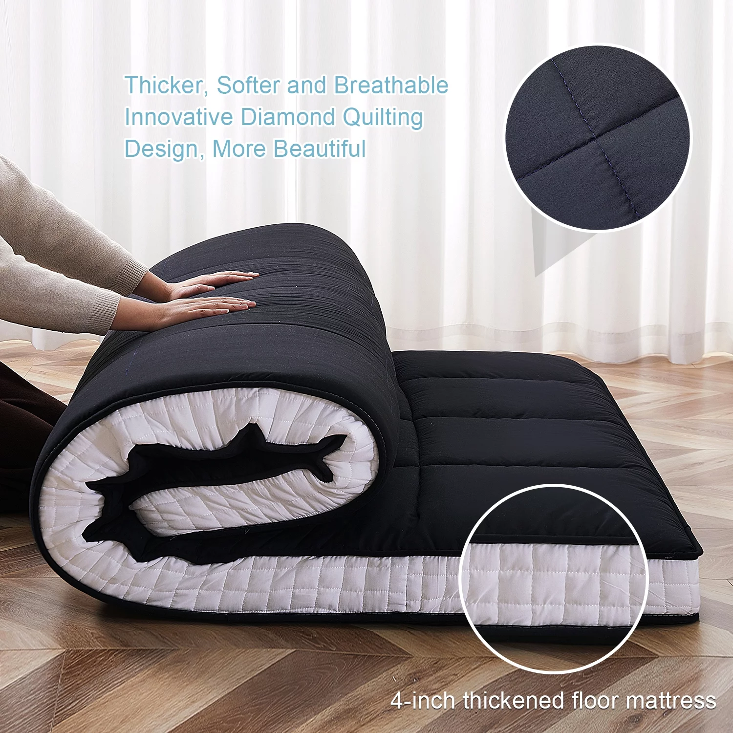 Lilypelle Japanese Floor Mattress Futon Mattress, Thicken Tatami Mat Sleeping Pad Mat Foldable Roll Up Mattress Kids Floor Lounger Bed and Sofas, Queen Size,2PCS