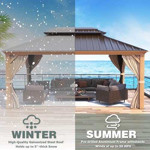 MELLCOM 12'x16' Hardtop Gazebo, Galvanized Steel Metal Double Roof Canopy with Curtains and Netting, Brown Permanent Pavilion Gazebos with Aluminum Frame for Garden, Patio, Lawns, Deck