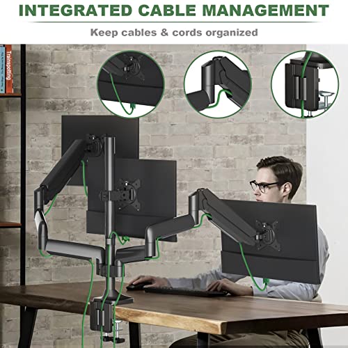 Triple Monitor Mount, 3 Monitor Desk Mount for Three Flat/Curved Computer Screens up to 27 inch, Fully Adjustable Gas Spring Triple Monitor Arms Hold up to 17.6lbs, VESA 75x75/100x100mm