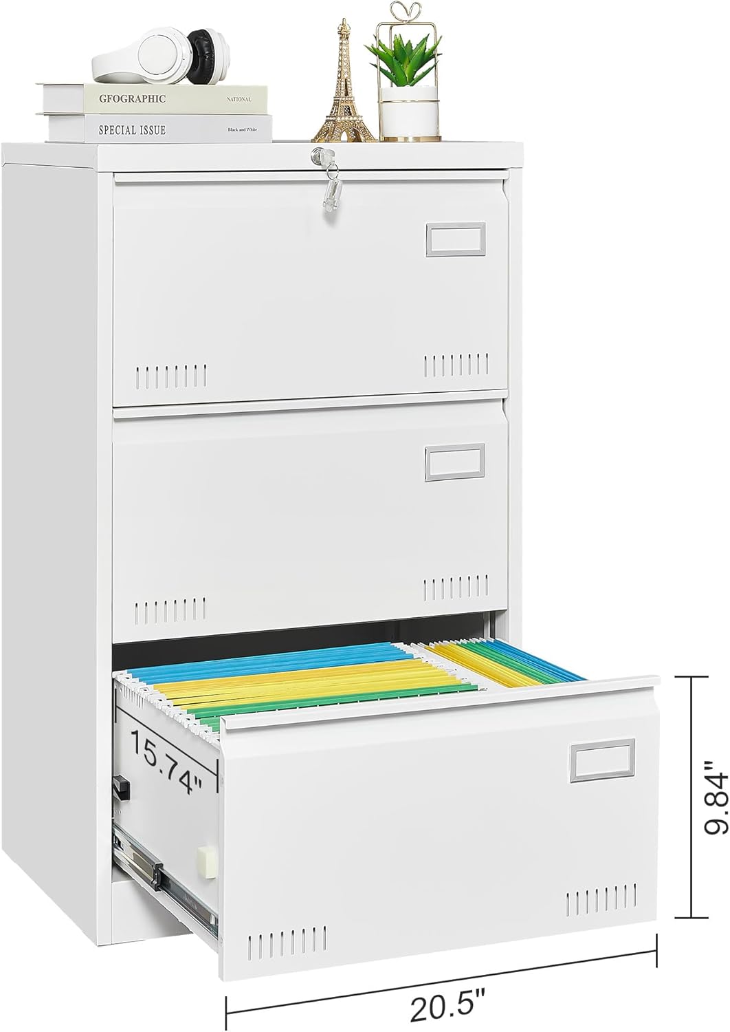 File Cabinet,Locking 3-Drawer Metal Lateral File Cabinet for Home Office, Legal/Letter/A4 Size Files, Assembly Required (3 Drawers, White)