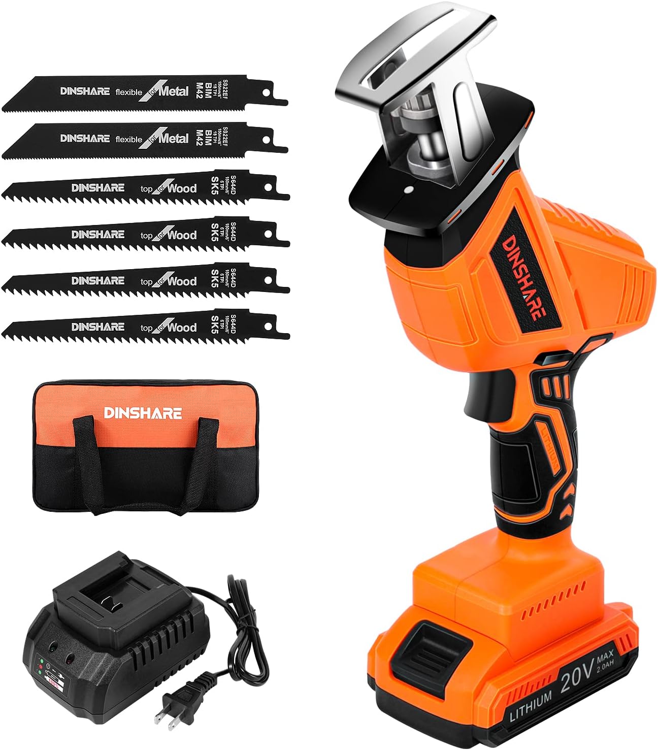 Cordless Reciprocating Saw - 20V 2.0Ah Powerful Reciprocating Saw w/High Efficient Cutting, 45 Mins Fast Charger, 6 Saw Blades, Tool-free Blade Change, Reciprocating Saw for Metal/Wood/PVC Pipe/Tree Pack of 2