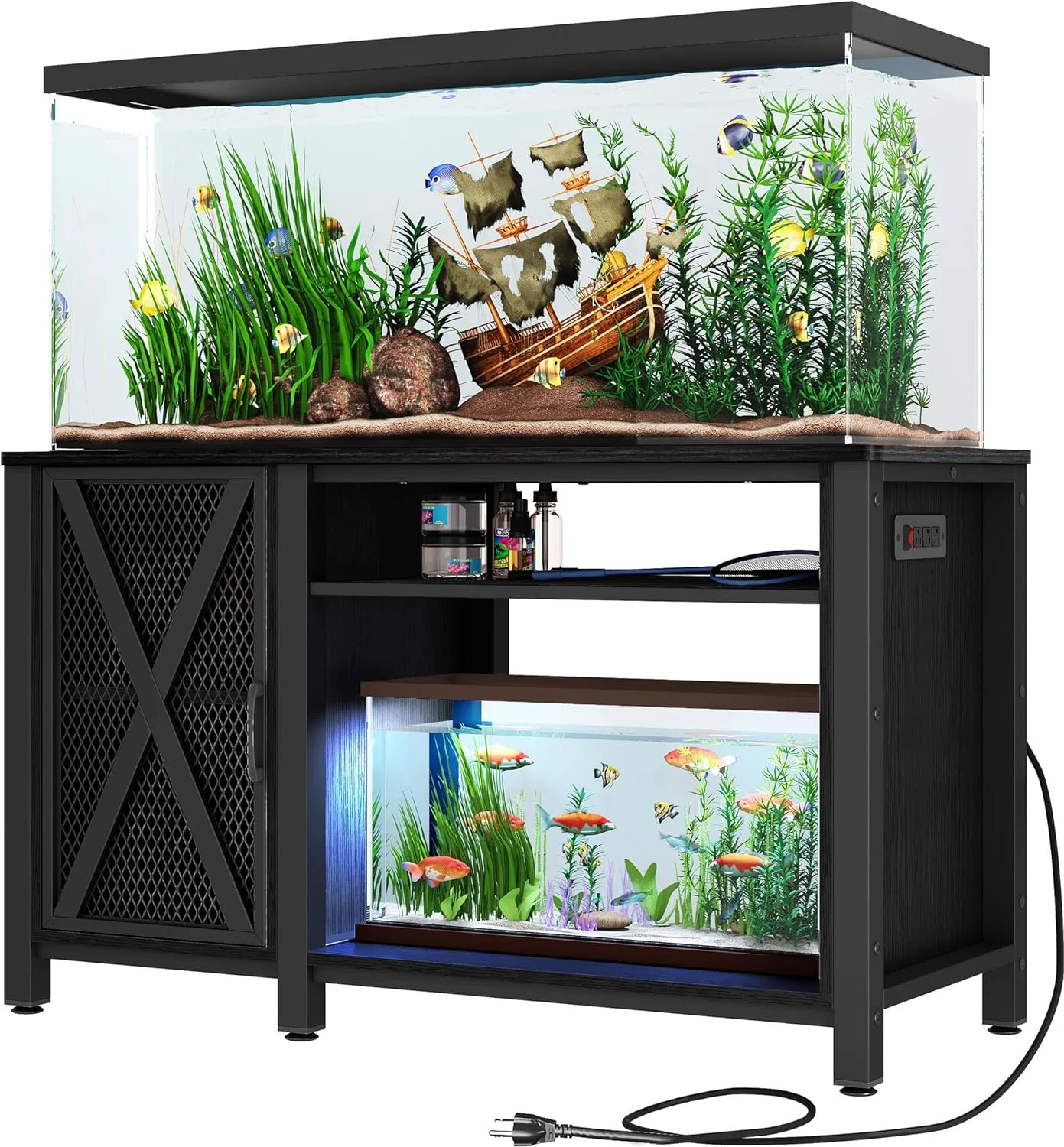 Gallon Aquarium Stand With Power Outlets, Cabinet For Fish Accessories Storage - Heavy Duty Metal Fish Stand Suitable For Turtle , Reptile Terrarium, 860LBS Capacity, Black - Curated Treasures Market