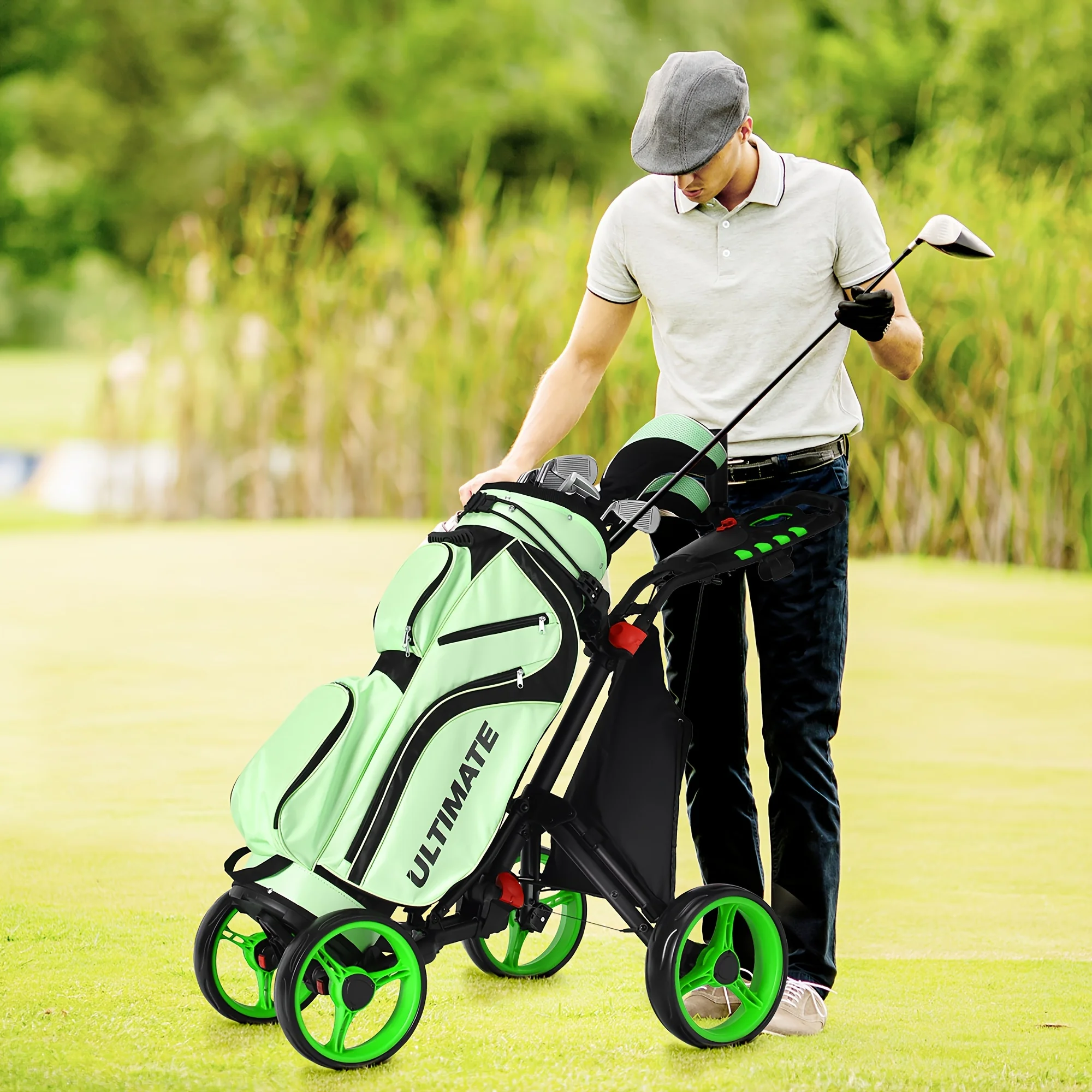 PGAST 4-Wheeled Golf Push Cart-Compact Folding Design, Adjustable Handle, Built-in Scoreboard-Accessories Bag Included, Ideal for Golf Enthusiasts - Curated Treasures Market