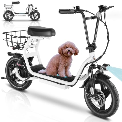 Caroma Peak 500W/800W/1200W Electric Scooter with Seat, Max 15/20/30Miles Range&20MPH, 14" Tires Foldable Adult Electric Scooter with Basket for Pets & Cargo, Dual Shock Absorbing Ebike for Commuting
