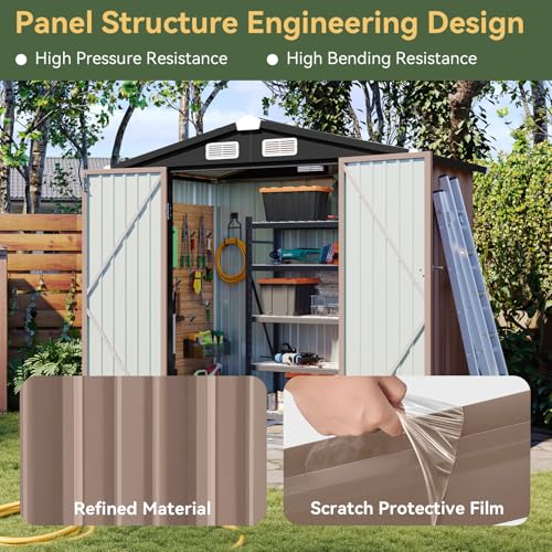 Aoxun 6x3.9 FT Shed with Base Metal Outdoor Storage Shed Garden Shed with Lockable Doors Tool Shed Bike Shed for Backyard, Patio, Poolside (Brown)