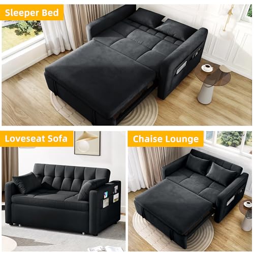 DWVO 55" Futon Couch, 3-in-1 Futon Sleeper with Pull-Out Bed, Convertible Sofa Bed with Adjustable Backrest and Side Pocket, Modern Loveseat Sleeper for Living Room, Grey Velvet, Full Size