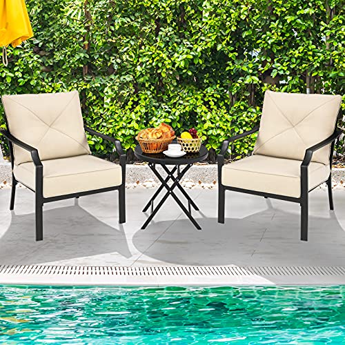 Giantex Set of 2 Patio Chairs, Outdoor Armchairs with Padded Cushions, Bistro Dining Chairs Iron-Frame Lawn Chairs for Porch Backyard Garden Balcony (Black & Beige)