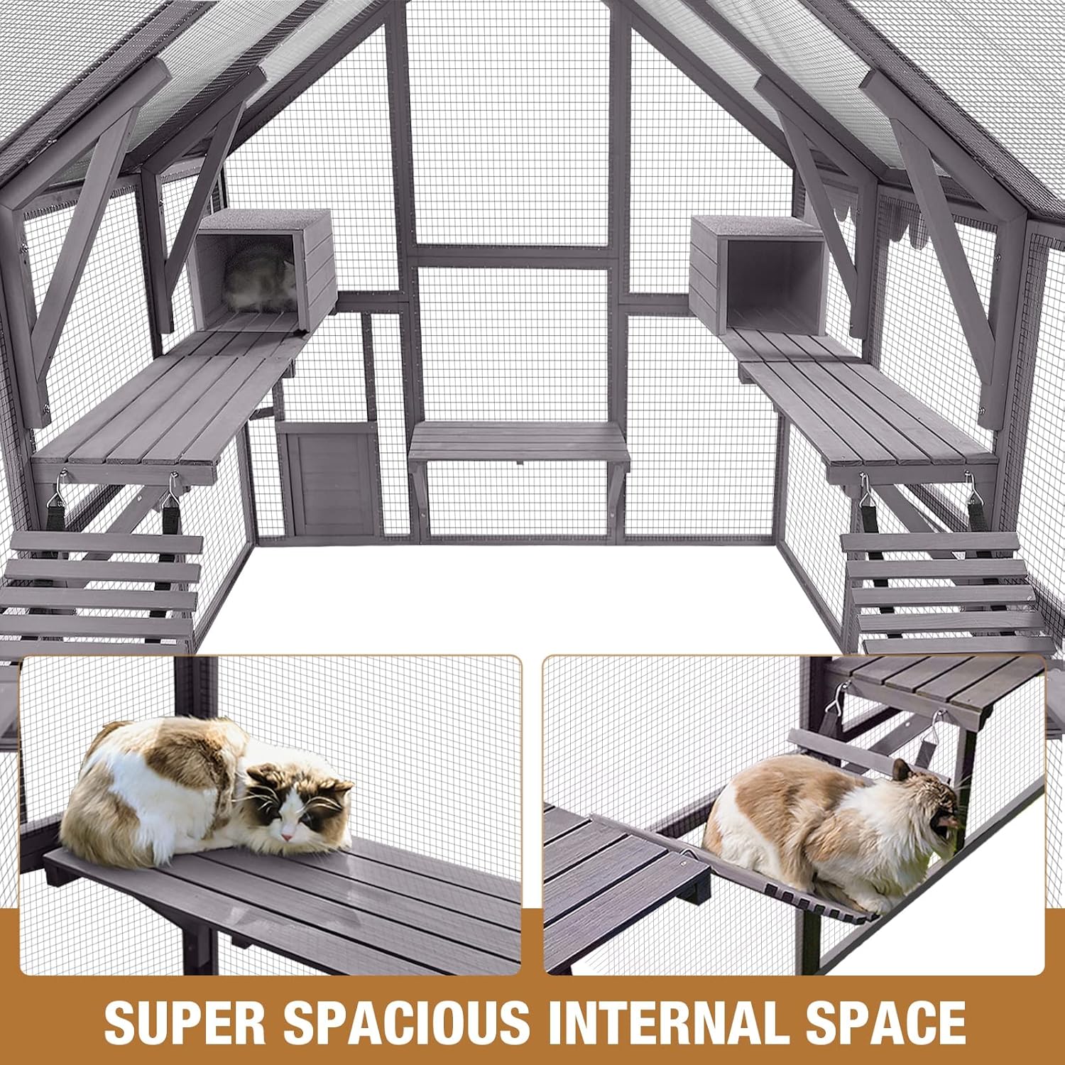 Catio Outdoor Cat Enclosure Large Cat House for Mulitiple Cats Walk in Cat Cage with Waterproof Roof, 6 Platforms Wooden Feral Cat Play Run Shelter, 60" H