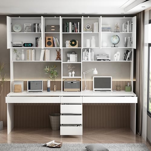 Homsee Modern 2-in-1 Computer Desk for 2 Person with Tall Bookshelf, 94.5" L Office Desk Writing Study Table with 6 Drawers, 15 Shelves & 6 Doors for Home Office, White
