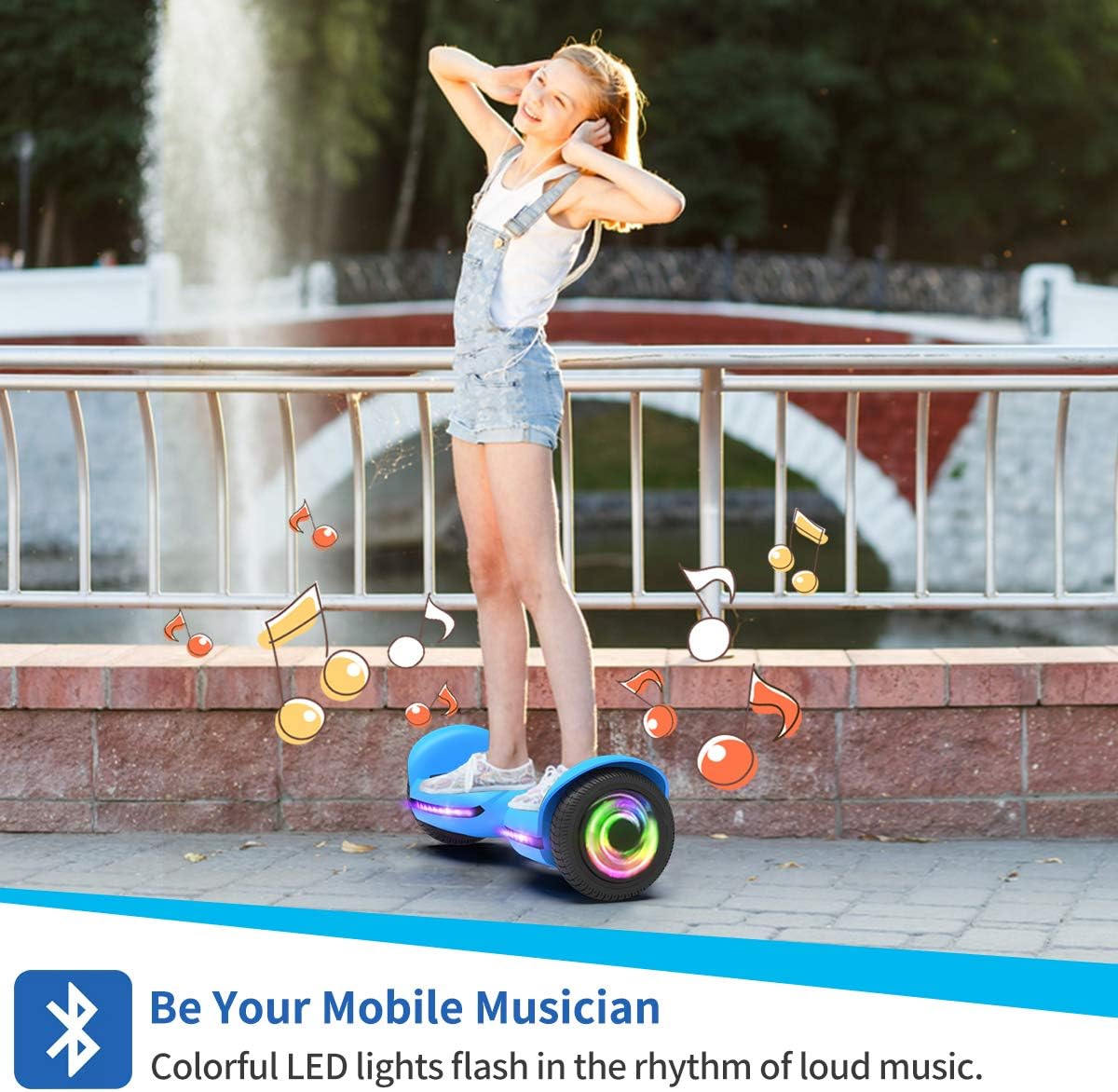 TOMOLOO Hoverboard with Bluetooth and Lights of Music Rhythmed, Solid Rubber Tires Hover Board with UL2272 Certified, 6.5 Inch Two-Wheel Hoverboard for Adults and Kids