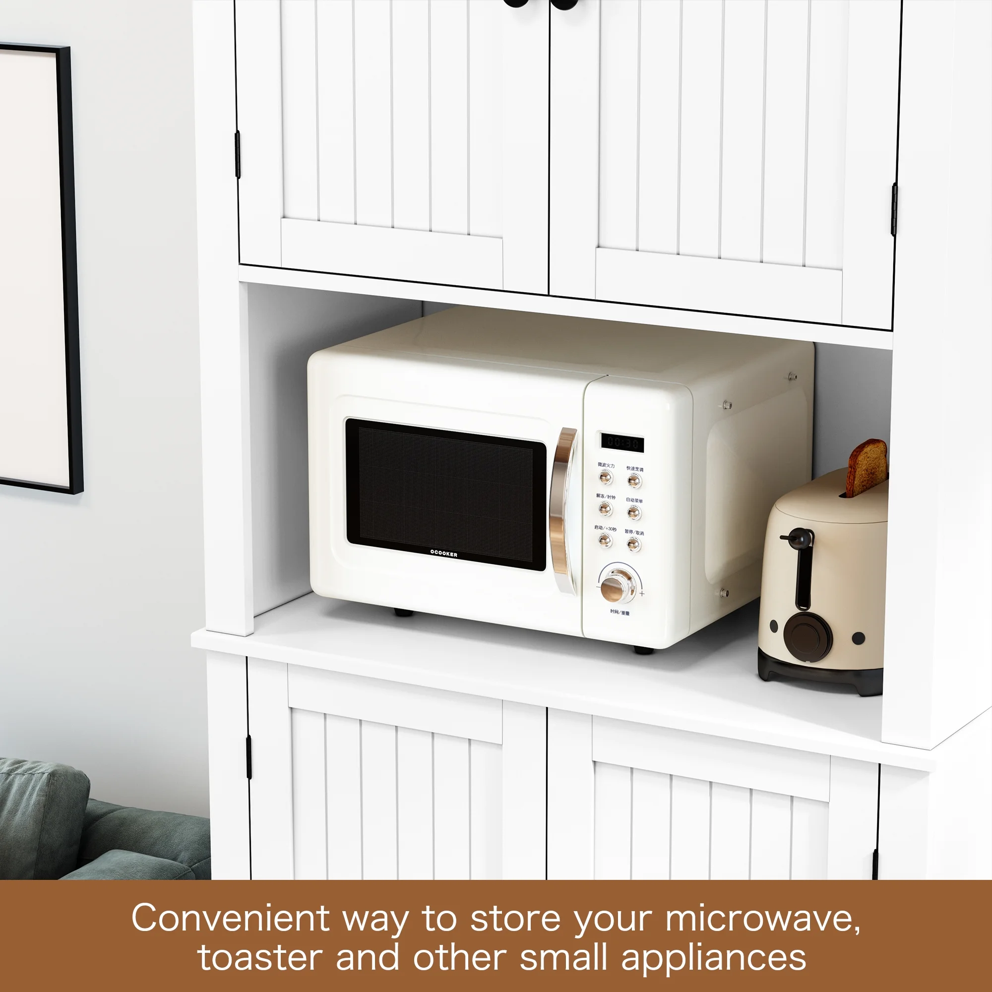 HLR 72" Kitchen Pantry Storage Cabinet, White Kitchen Hutch Cabinet with Microwave Stand, Freestanding Larder Cupboard，Utility Pantry with Doors and Shelves for Dining Room, Living Room, Laundry