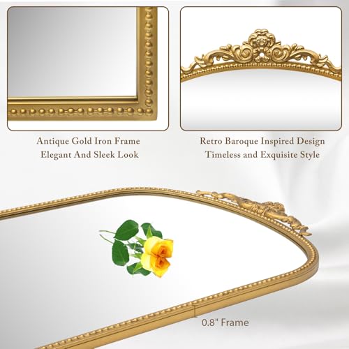 24" x 38" Antique Gold Arch Bathroom Mirror, Traditional Beaded Frame Wall Mirror, Retro Baroque Inspired Decorative Mirror for Vanity Bedroom Entryway Mantel