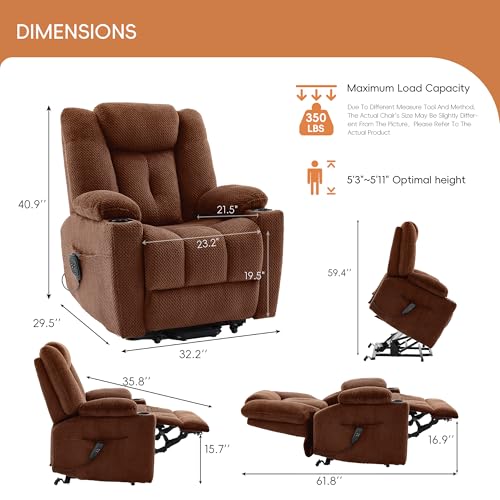 Dual Motor Power Lift Recliner for Elderly, Electric Reclining Chair with Massage and Heat, Single Sofa with USB Ports, Cup Holders, Side Pockets for Living Room Bedroom (Brown)