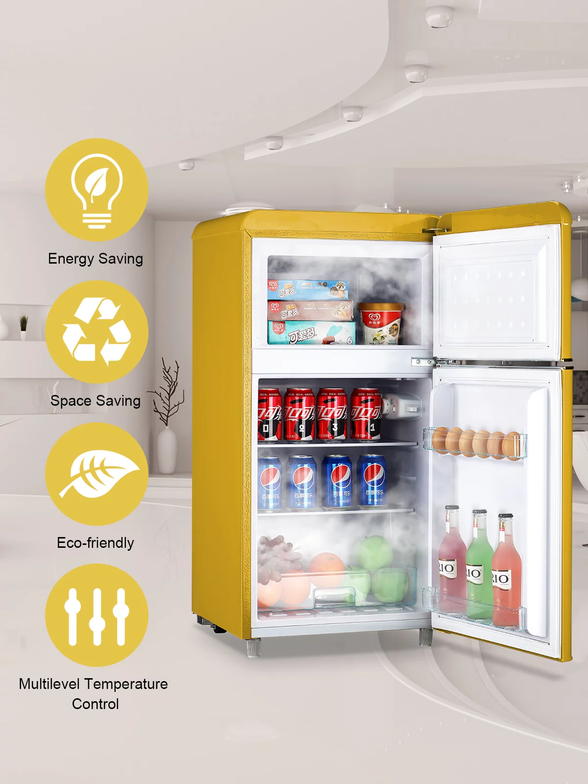 Compact Refrigerator Mini Fridge with Freezer, 3.2 Cubic Feet Retro Dual Door Small Refrigerator by WANAI with 7 Temp Modes, LED Lights, Removable Shelves, Ideal for Bedroom, Dorm, Office, Apartment