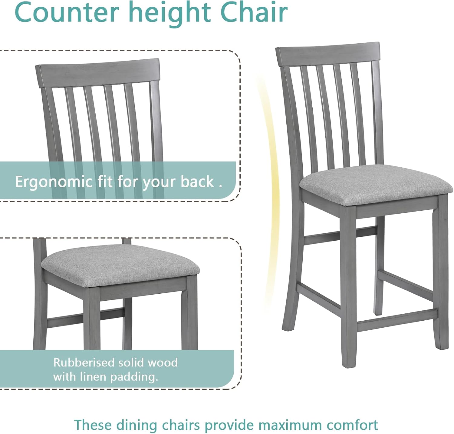 5 Piece Counter Height Dining Table Set for 4, Farmhouse Kitchen Table Set with 4 Vertical Back Upholsterd Chair, Space Saving High Top Table and Chair for Dining room, Kitchen, Pub (Dove Gray)