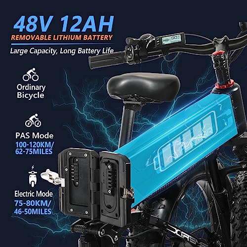 PEXMOR Electric Bike for Adults, 750W(Peak 1000W) 30MPH | Full Suspension Mountain Ebike, 60+ Miles 48V 12AH Removable Battery, 26 Fat Tire Foldable Commuter Electric Bicycle 21 Speed, UL2849